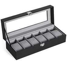 Load image into Gallery viewer, SONGMICS 6-Slot Watch Box, Glass Topped Watch Display Storage Case as Gift, with Velvet Lining, Cushions, and Lock, 30 x 11.2 x 8 cm, Black Synthetic Leather, Grey Lining JWB06BK
