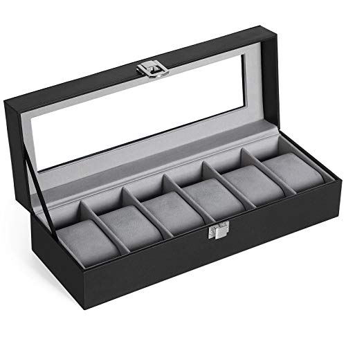 SONGMICS 6-Slot Watch Box, Glass Topped Watch Display Storage Case as Gift, with Velvet Lining, Cushions, and Lock, 30 x 11.2 x 8 cm, Black Synthetic Leather, Grey Lining JWB06BK