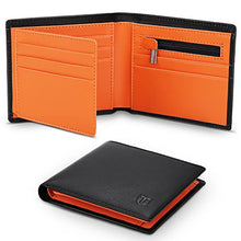 Load image into Gallery viewer, TEEHON® Wallets Mens Slim Genuine Leather RFID Blocking Wallet Mens with 11 Card Holder, 2 banknote compartments, Coin Pocket, ID Window, Minimalist Wallets for Men with Gift Box - Black and Orange
