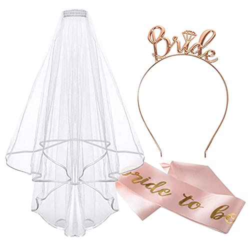 Bride to Be Sash and Veil, Hen Party Accessories with Tiara Bride to Be Sash Bride Headband for Bridal Shower, Rose Gold Wedding Hen Do Decorations for Bride Bachelorette Hen Night Party Games