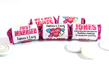 Load image into Gallery viewer, Personalised Mini Love Hearts Favours Just Married for Guests Table Favours. Each roll Contains 7 indivudual Sweets Suitable for Vegetarians (60)
