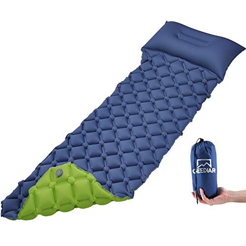 GEEDIAR Inflatable Sleeping Mat Ultralight Camping Mattress with Pillow, Waterproof Double-Sided Color Sleeping Pad, Folding Inflating Single Bed Portable Air Pad for Trekking Backpacking (Blue+Green)