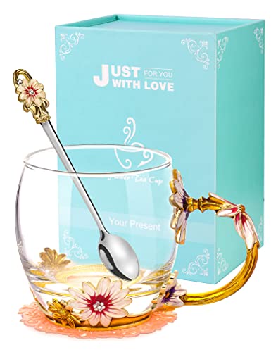 Wisolt Flower Tea Cup Glass Coffee Mugs with Lovely Spoon and Gift Box Personalised Gifts for Women Mum Teacher on Valentines Birthday Christmas Mother's Day Gifts for Her