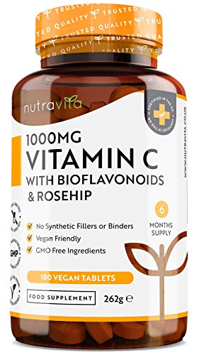 Vitamin C 1000mg – 180 Premium Vegan & Vegetarian Tablets – 6 Month Supply – High Strength Ascorbic Acid – with Added Bioflavonoids & Rosehip – for Normal Immune System – Made in The UK by Nutravita