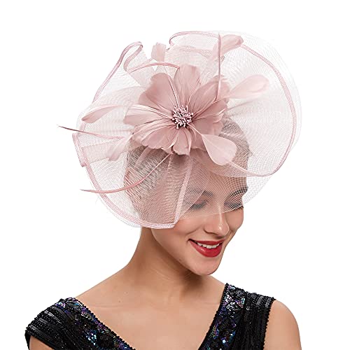 YILEEGOO Women Fascinators Hat Mesh Flower Feathers Hair Clip Hairpin Cocktail Wedding Tea Party Church Hairband (Pink, One Size)