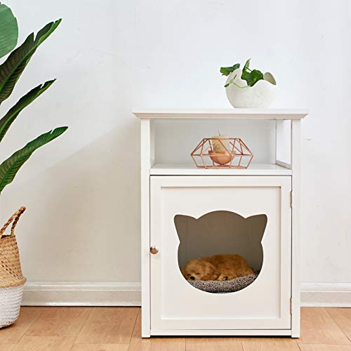 Cherry Tree Furniture BASTET Wooden Cat Cave Bedside Cabinet | Litter Box | Cat House Nightstand (White)