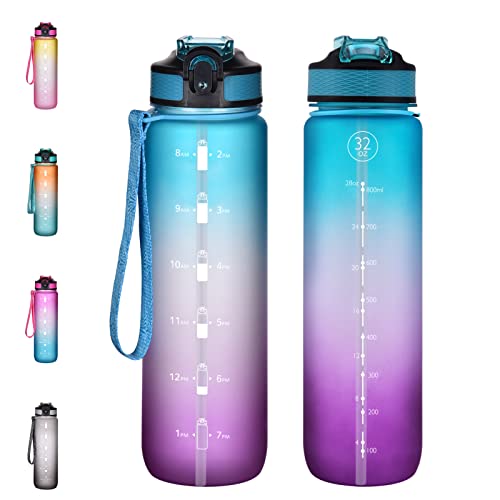 NAVTUE 1L Water Bottle with Straw, Sports Drinks Bottle with Time Markings, Leak Proof, Tritan BPA free, Dishwasher Safe, for School/Cycling/Running (BluePurple)