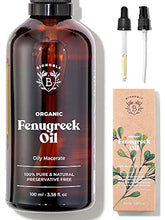 Load image into Gallery viewer, ORGANIC FENUGREEK OIL | Fenugreek Seed Oily Macerate made with Sunflower Oil | 100% Pure &amp; Natural | Body, Chest, Buttocks, Hair, Nails | Vegan &amp; Cruelty Free | Glass Bottle + Pipette + Pump (100ml)
