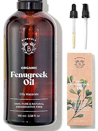 ORGANIC FENUGREEK OIL | Fenugreek Seed Oily Macerate made with Sunflower Oil | 100% Pure & Natural | Body, Chest, Buttocks, Hair, Nails | Vegan & Cruelty Free | Glass Bottle + Pipette + Pump (100ml)