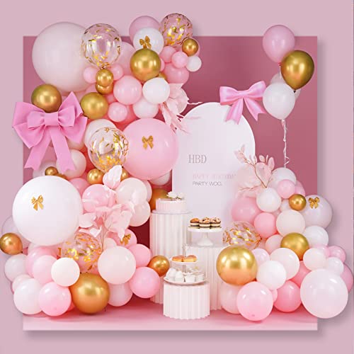 PartyWoo Pink and Gold Balloons, 140 pcs Pink Balloon Garland, White Metallic Gold Pale Orange Balloons for Baby Shower Girls, Baptism, Pastel Pink Birthday Decorations Women Party, 18in 12in 10in 5in