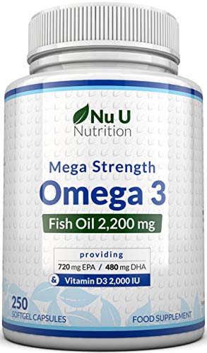 Omega 3 Fish Oil 2000mg Plus Vitamin D3 2000IU – 250 Capsules Over 4 Months Supply – 720mg EPA & 480mg DHA per Serving High Strength 1100mg Fish Oil per Capsule