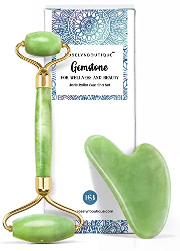 RoselynBoutique Jade Roller for Face and Gua Sha Set - Beauty Cosmetic Facial Skin Roller Massager Tool - Original Handcraft Natural Green Jade (Green)