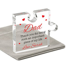 Load image into Gallery viewer, Daddy Thank You Gifts From Son Daughter - PERSONALISED Jigsaw Shaped Acrylic Puzzle Block for Dad Daddy - Grandad Gifts - Step Dad - Gift for Dad - Fathers Day Present - With Grey Bag (Personalised)
