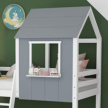 Load image into Gallery viewer, Childrens Cabin Loft Bed Frame, Pine Wood Frame, Mid-Sleeper with Treehouse Canopy &amp; Ladder, Central Ladder, Suitable for Children Boys Girls, No Matress, Gray【UK Fast Shippment】
