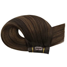 Load image into Gallery viewer, Moresoo Real Hair Extensions Clip in Human Hair Dark Brown Hair Extensions 16 Inch Balayage Clip in Hair Extensions Dark Brown to Medium Brown Ombre Hair Clip Ins 120Grams 7PCS
