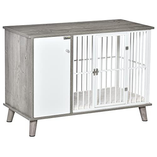 PawHut Dog Crate Pet Kennel Cage Wooden Top End Table w/ Side Cabinet Soft Cushion for Small Dogs Grey 98 x 48 x 70.5 cm