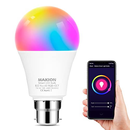 Makion WiFi Smart Light Bulb B22 Bayonet 60W Equivalent,Dimmable RGBCW Multicolor Light Bulb Work with Alexa, Google Home and IFTTT,No Hub Required,A19 60W Changing Bulb[Energy Class A++]