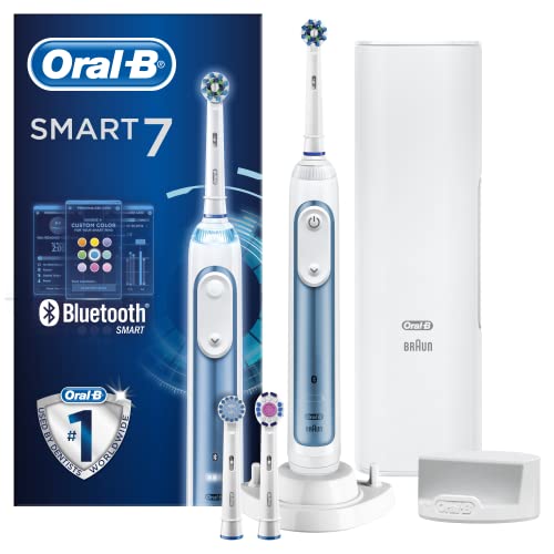 Oral-B Smart 7 Electric Toothbrush with Smart Pressure Sensor, App Connected Handle, 3 Toothbrush Heads & Travel Case, 5 Mode Display with Teeth Whitening, Gift Set, 2 Pin UK Plug, 6000N/7000N, Blue