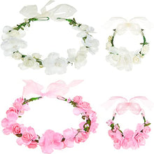 Load image into Gallery viewer, 2 Pieces Flower Wreath Crown Floral Garland Headband with 2 Wristbands Set, Adjustable Festival Headwear Bride Headdress Bridal Headpiece Wedding Hair Accessories for Women Girls Kids, Pink and White
