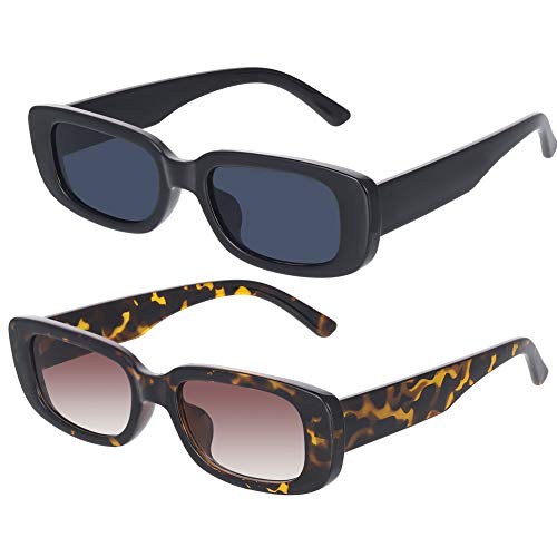 2 Pcs Rectangle Sunglasses, UV 400 Glasses Retro Square Sunglasses Eyewear for Women