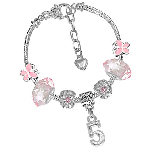 Girls 5th Birthday Pink Butterfly Charm Bracelet with Gift Box Set