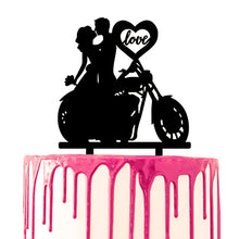 Load image into Gallery viewer, CARISPIBET Wedding Cake Topper Motorcycle Groom and Bride Kiss Heart with love script Marriage Cake Acrylic Silhouette Decoration
