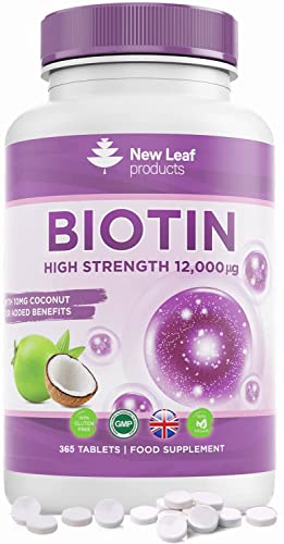 Biotin Hair Growth Supplement Maximum Strength Biotin Tablets 12000mcg (1 Year Supply) Enriched with Coconut Oil Absorbency, Hair, Skin and Nails Vitamins for Women & Men 1 A Day Vegan, UK Made