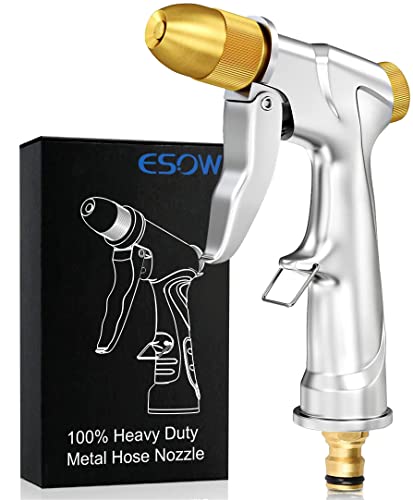 ESOW Heavy-Duty Metal Garden Hose Nozzle, Made of 100% Metal Construction Built and Brass Head, Metal Spray Gun w/Pistol Grip Trigger for Watering Plants & Lawn, Car Washing, Patio, Dog & More