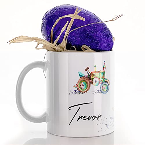 Personalised Mug, Chcolate Easter Egg Gift Set Customised with Name/Initials, (11oz) White Mug with Rainbow Tractor Design, Tractor Mug