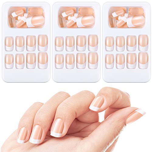 72 Pieces French Artificial Nails 12 Different Sizes Short Medium False Nails Fake Acrylic Full Cover Fingernails with Nail Files, Stick and Cotton Pad for Nail Decorations, Nude Color