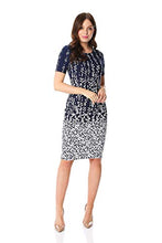 Load image into Gallery viewer, Roman Originals Women Floral Print Shift Dress Ladies Textured Bodycon Work Smart Office Business Occasion Pencil Fitted Tight Tailored Short Sleeve Round Crew Neck - Navy &amp; White - Size 12
