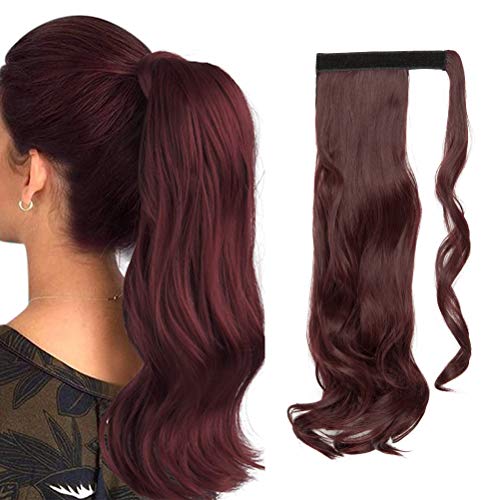 Clip in Ponytail Extension Wrap Around for Women Long Synthetic Natural Wavy Curly Hair Pony Tail Hair Extensions 17 inch Wine Red