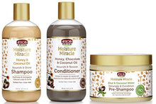 Load image into Gallery viewer, African Pride Moisture Miracle Pre-Shampoo Detangle &amp; Conditioner, Shampoo and Conditioner SET of 3, Coconut Oil, Honey, Chococlate, Coconout Oil, Aloe &amp; Coconut Water
