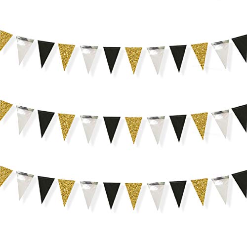 30 Feet Double Sided Glitter Paper Triangle Flag,Bunting Pennant Banner for Birthday Holiday Wedding Anniversary Graduation Theme Christmas Party Supplies Decorations.（Gold+Mirror-like silver+Black)