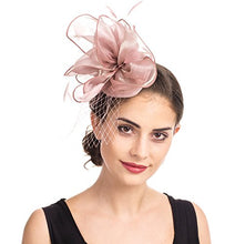 Load image into Gallery viewer, Fascinator Hat Feather Mesh Net Veil Party Hat Flower Derby Hat with Clip and Hairband for Women, Mittel, A2-Floral Mesh Pink
