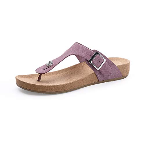 MecKiss Women’s Classic Platform Thong Sandals Toe Post Buckle T-bar Slippers Taux Leather Slip On Flip Flops Casual Beach Shoes (Light Lilac, Numeric_6)