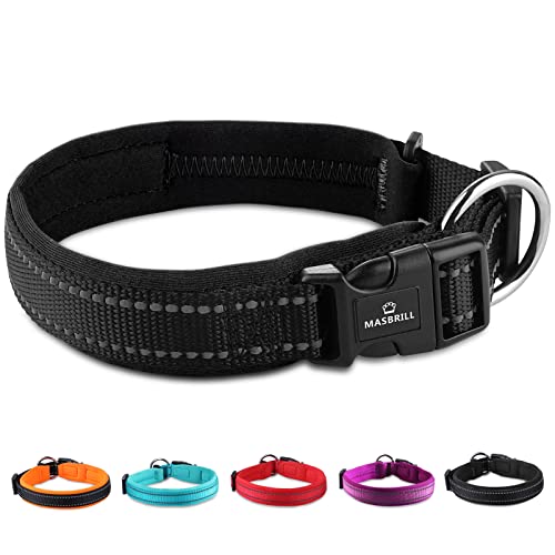 MASBRILL Reflective Dog Collar, Adjustable Nylon Dog Collar with Soft Neoprene Padded, Breathable Pet Collar for Puppy Small Medium Large Dogs, Black, M