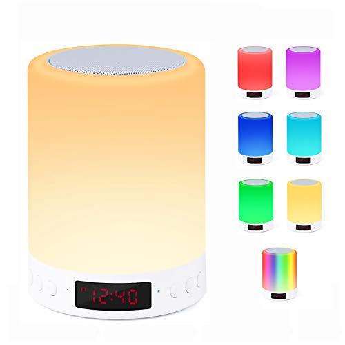 Vnieetsr Bluetooth Speaker Lamp, Smart Touch Sensor Night Light with Alarm Clock FM Radio, Dimmable 7 Color Changing RGB Bedside Lamp for Bedroom, Portable Speakers, Best Gifts for Women, Kids