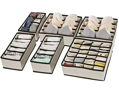 Evance Underwear Drawer Organiser Set of 6, Folding Draw Dividers Storage Bins Box, Collapsible Closet Dividers and Fabric Wardrobe Organisers (Beige)