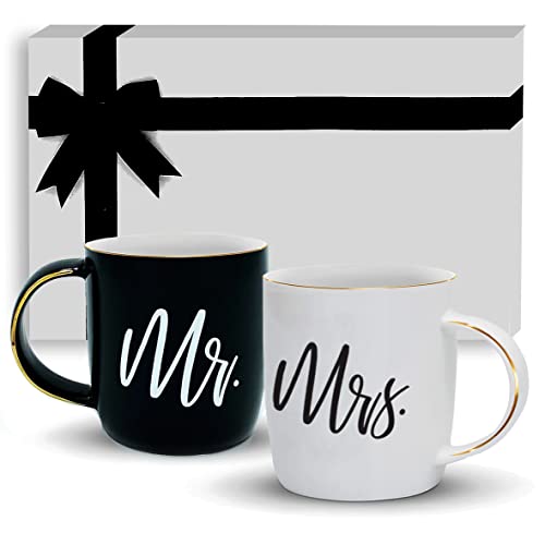 Gifffted Mr and Mrs Mugs, Unique Wedding Gift for The Couple, Gifts for Engagement, His Hers Anniversary, Bride Groom, Women, Presents for Couples on Valentines|Christmas, Black/White Coffee Set