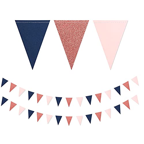 Navy Blue Pink Rose Gold Paper Pennant Banner,2 Pack Glitter Sprinkles Glitter Triangle Flags, Birthday Graduation Gender Reveal Wedding Baby Shower Party Decoration Bunting Lasting Surprise