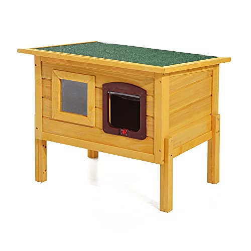 PawHut Garden Wooden Cat House Outdoor Pet Play Home Water-resistant Roof Kitty Shelter Kennel w/ith Door & Window