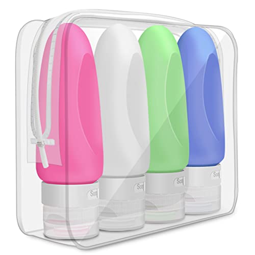 Silicone Travel Bottle, Opret 4 Pack Leak Proof Refillable Squeezable Containers Set(3 oz) with Label and Transparent Carry Bag for Liquid Shampoos, Soap and Toiletries