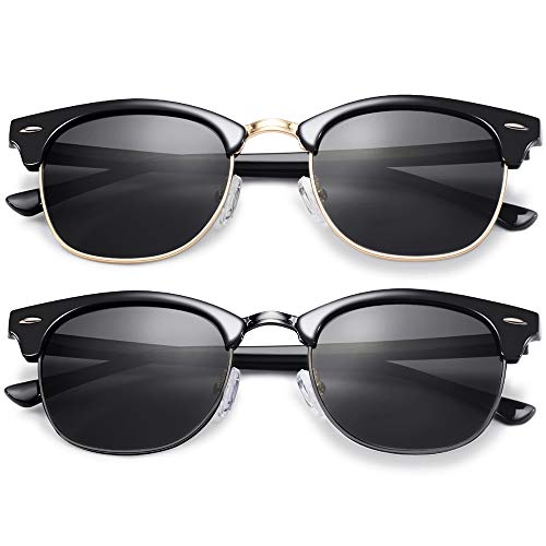 KANASTAL 2 Pairs Semi Rimless Polarized Sunglasses for Mens Womens, Designer Fashion Black Sunglasses Women Horn rimmed Sunglasses UV Protection-Black Lens