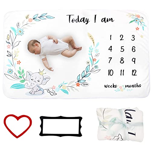 Baby Blanket - RIGHTWELL Baby Monthly Milestone Blanket for Boys Girls, Baby Milestone Blanket Unisex Printed Growth Soft Blankets with 2 Felt Photo Frame Newborn Gift track Age Growth