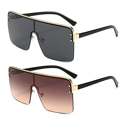 FOENIXSONG, Pack of 2, Fashion Sunglasses Oversized Gold Frame Brown/Gray Lens UV400 Flat Top Square Glasses for Men Women