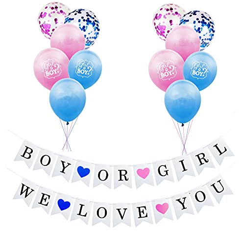 Gender Reveal Decoration Boy or Girl We love you Banner, with12PCS Balloons Latex Balloons for Baby Shower Gender Reveal Party Decoration