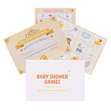 Load image into Gallery viewer, Baby Shower Games. 4 Games Party Pack: Bingo, Charades, Quiz, Trivia + Winners Certificate. Party supplies for 20 people.

