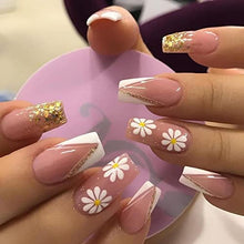 Load image into Gallery viewer, Brishow Coffin False Nails French Fake Nails Flowers Press on Nails Glitter Stick on Nails 24pcs for Women and Girls
