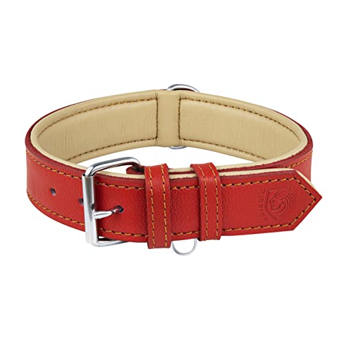 Riparo Genuine Leather Padded Dog Heavy Duty K-9 Adjustable Collar (L: 3.8CM Wide for 45.7CM - 53.3CM Neck, Red)